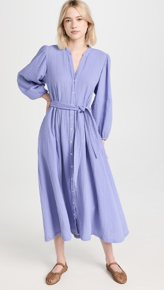 Women New Spring and Autumn Casual Cotton Wrinkle V neck Dress