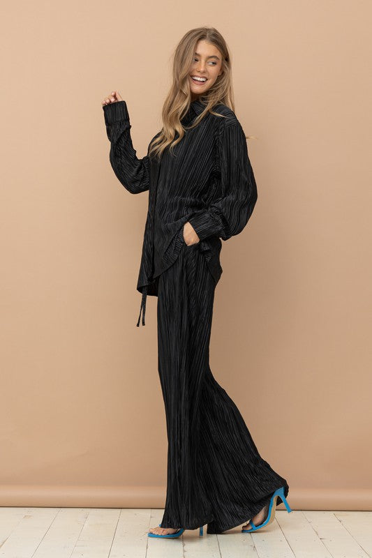 Pleated Blouse and Pants Set
