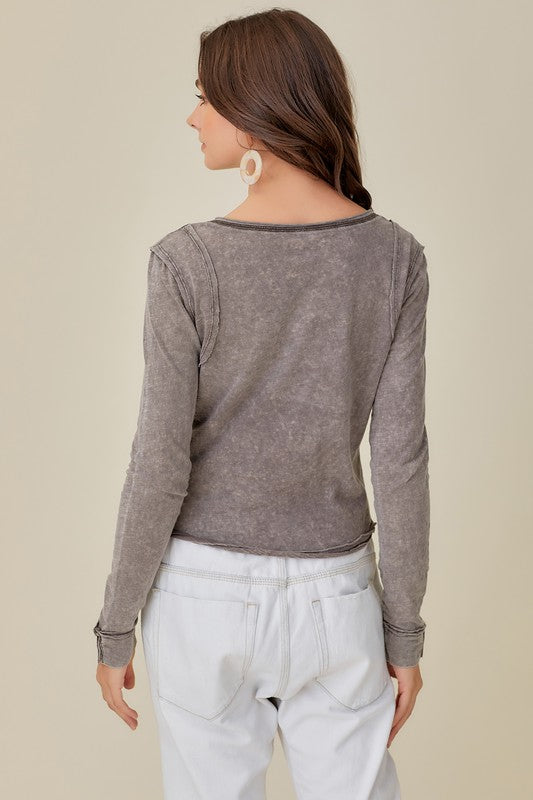 Button Up Front Raw Edge Detail Top