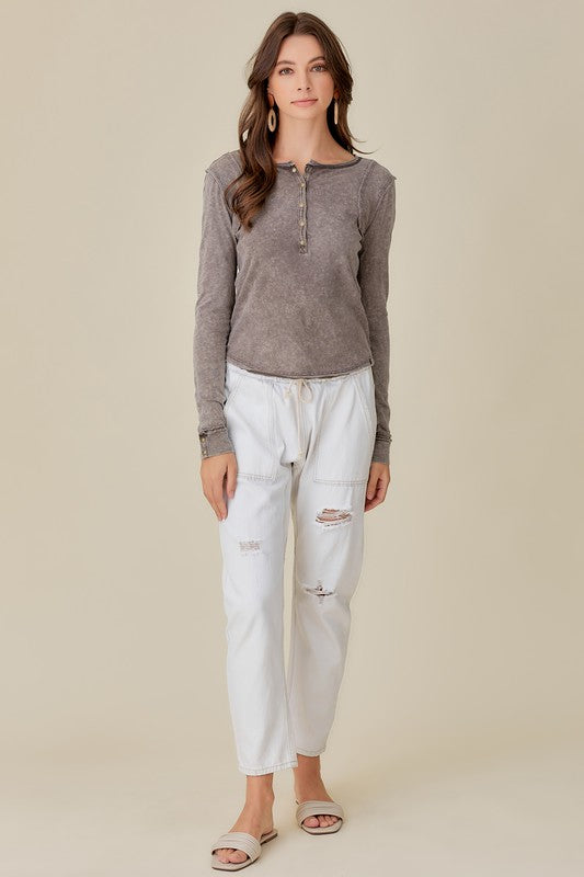 Button Up Front Raw Edge Detail Top
