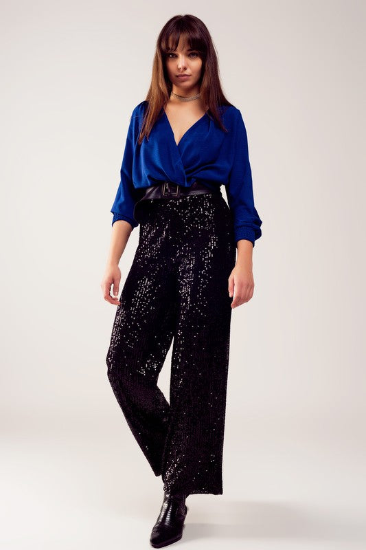Long Sleeve Wrap Satin Blouse