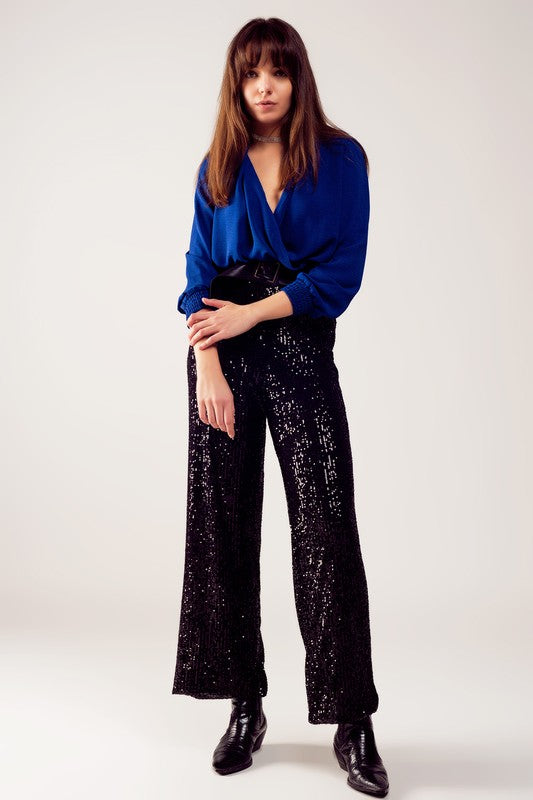 Long Sleeve Wrap Satin Blouse