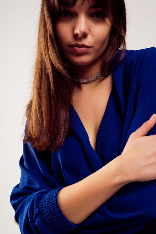 Long Sleeve Wrap Satin Blouse