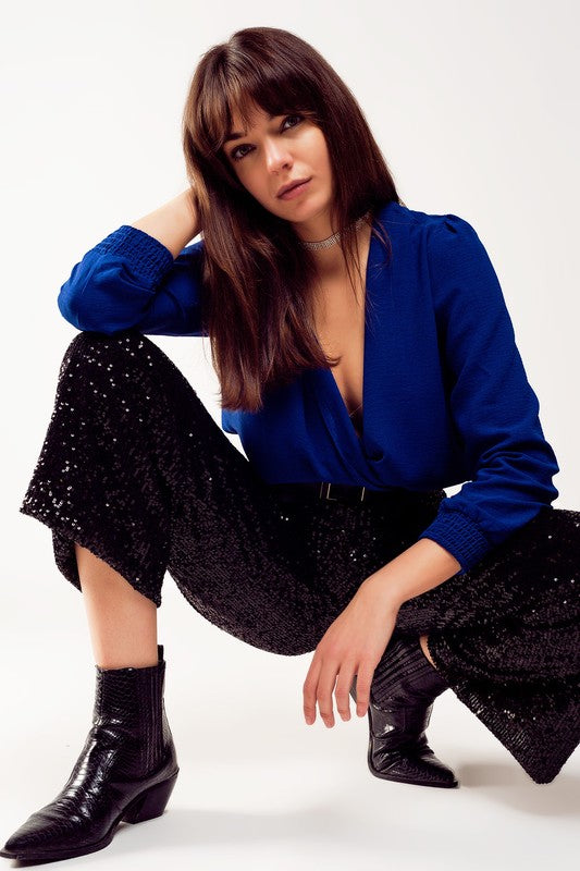 Long Sleeve Wrap Satin Blouse