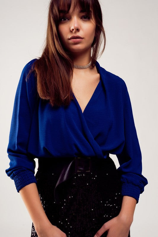 Long Sleeve Wrap Satin Blouse