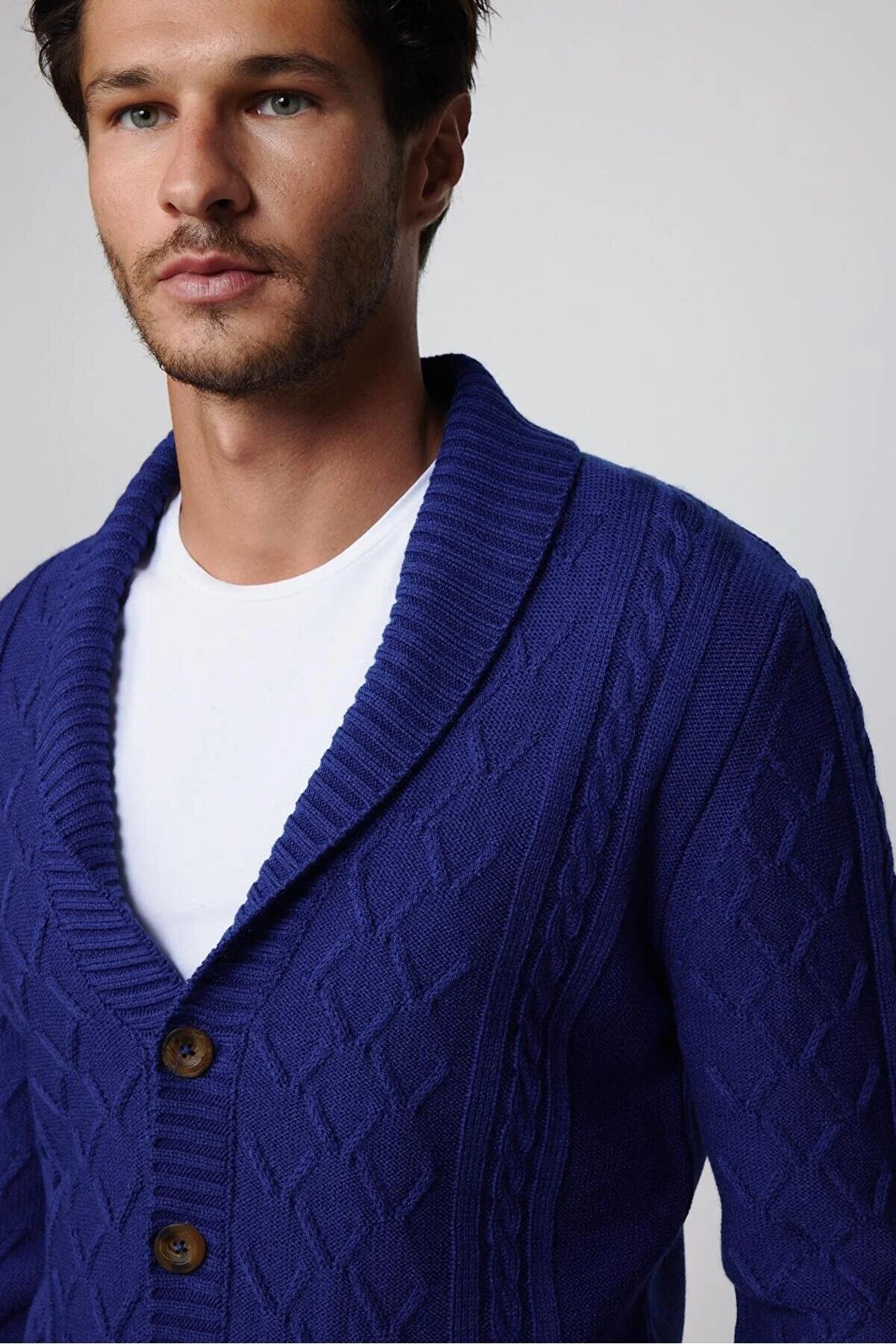 Slim Fit Patterned Soft Textured Buttoned Blue Men's Cardigan