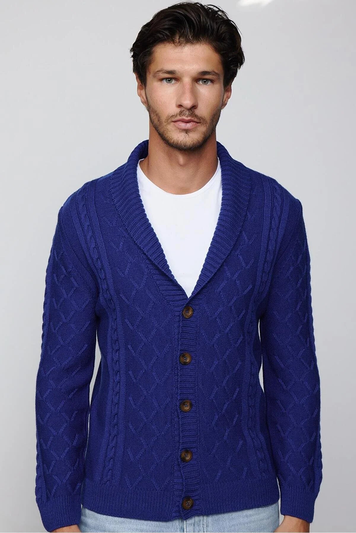 Slim Fit Patterned Soft Textured Buttoned Blue Men's Cardigan