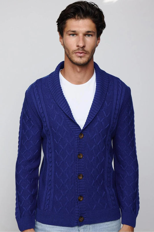 Slim Fit Patterned Soft Textured Buttoned Blue Men's Cardigan