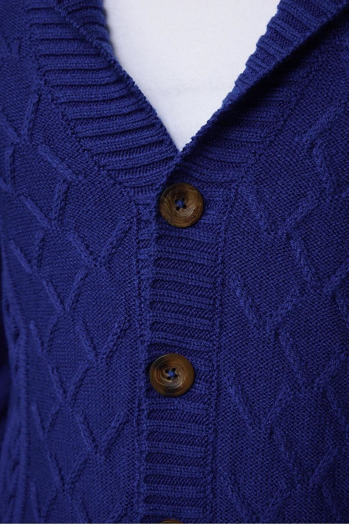 Slim Fit Patterned Soft Textured Buttoned Blue Men's Cardigan