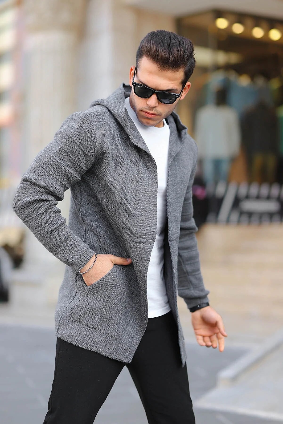 Men's Smoked Patterned Poncho Cardigan