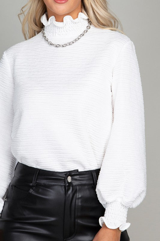 Ruffle Trim Mock Neck Blouse