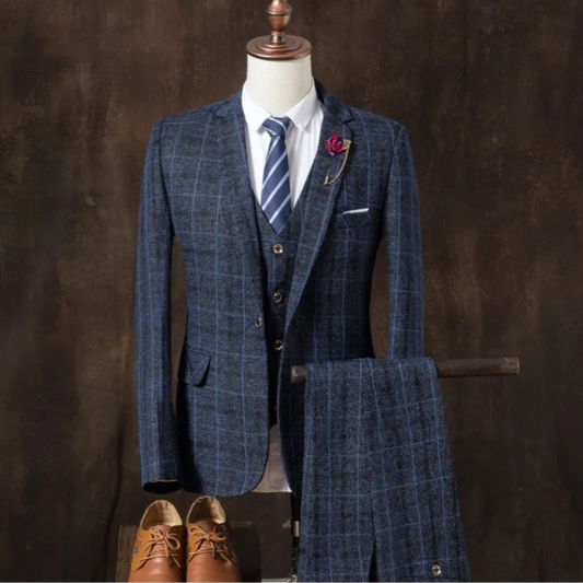 Three-Piece Suit Set Men Fashion Classic Plaid Formal Set
