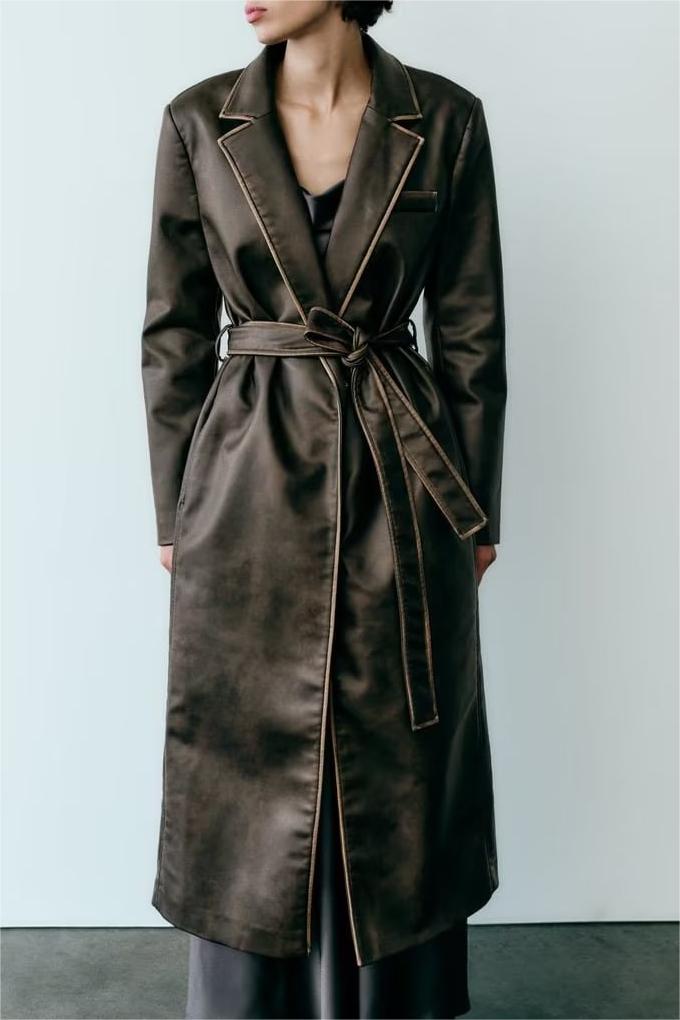 Autumn Winter Street Distressed Effect Faux Leather Zara Design Coat