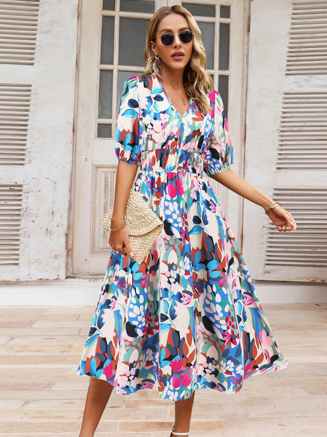 Rushed Printed Surplice Short Sleeve Dress