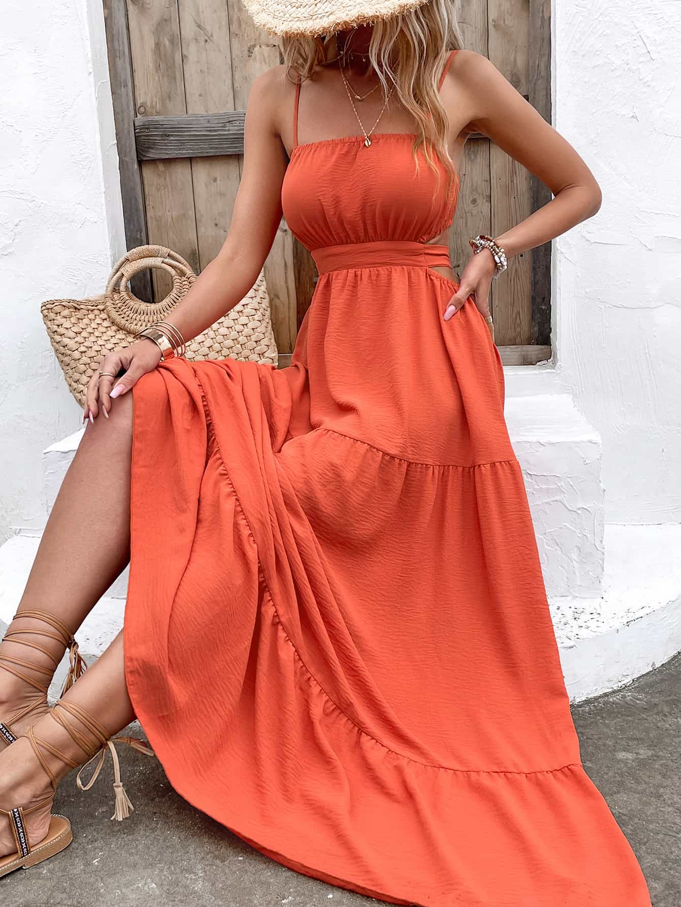 Strap Cutout Tie Back Maxi Dress