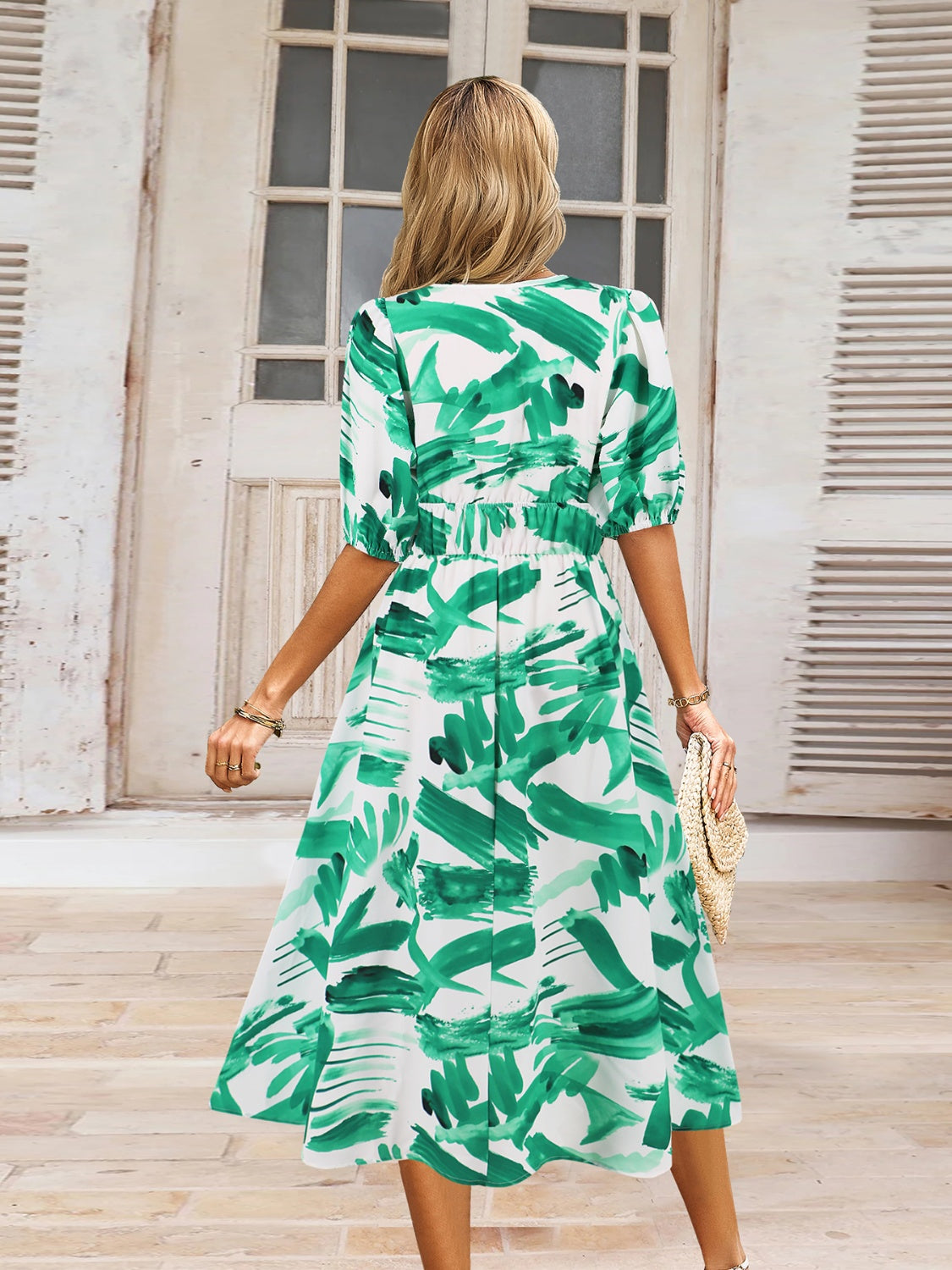 Rushed Printed Surplice Short Sleeve Dress