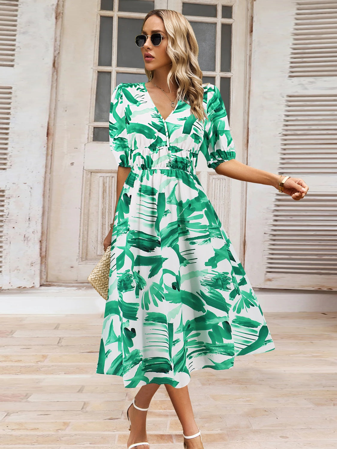Rushed Printed Surplice Short Sleeve Dress