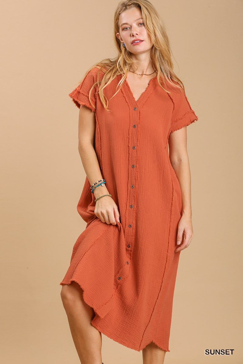 Split Neck Cutton Down Midi Dress