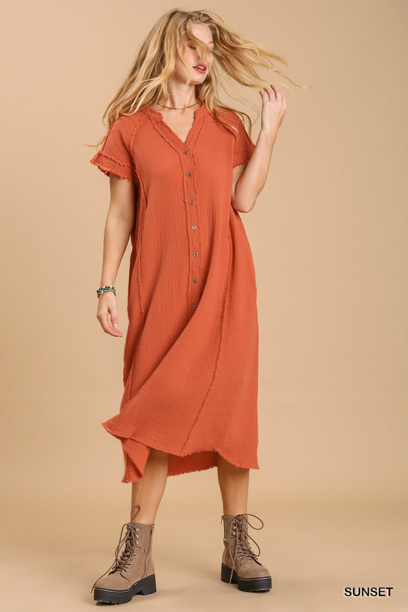 Split Neck Cutton Down Midi Dress