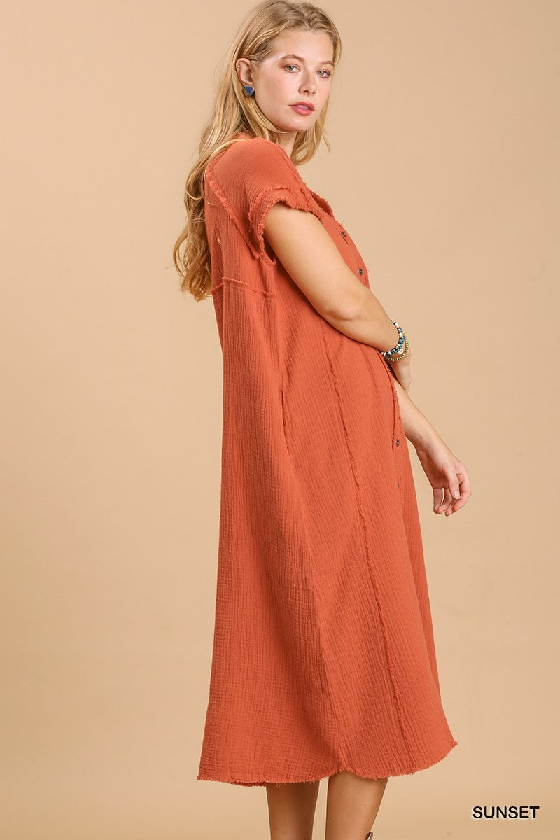 Split Neck Cutton Down Midi Dress