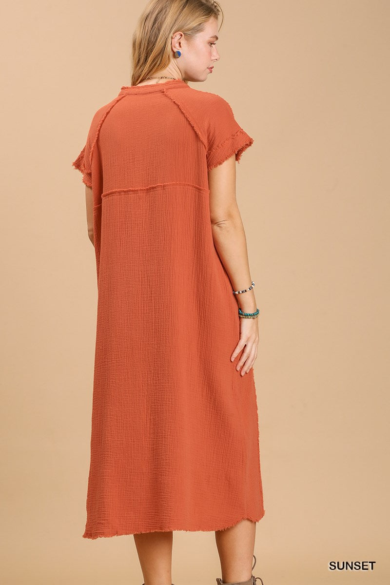 Split Neck Cutton Down Midi Dress