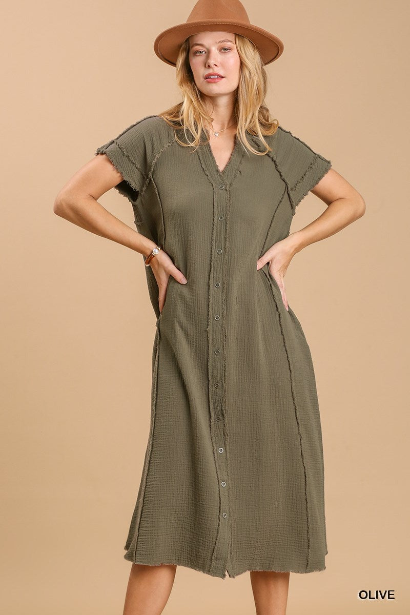 Split Neck Button Down Midi Dress