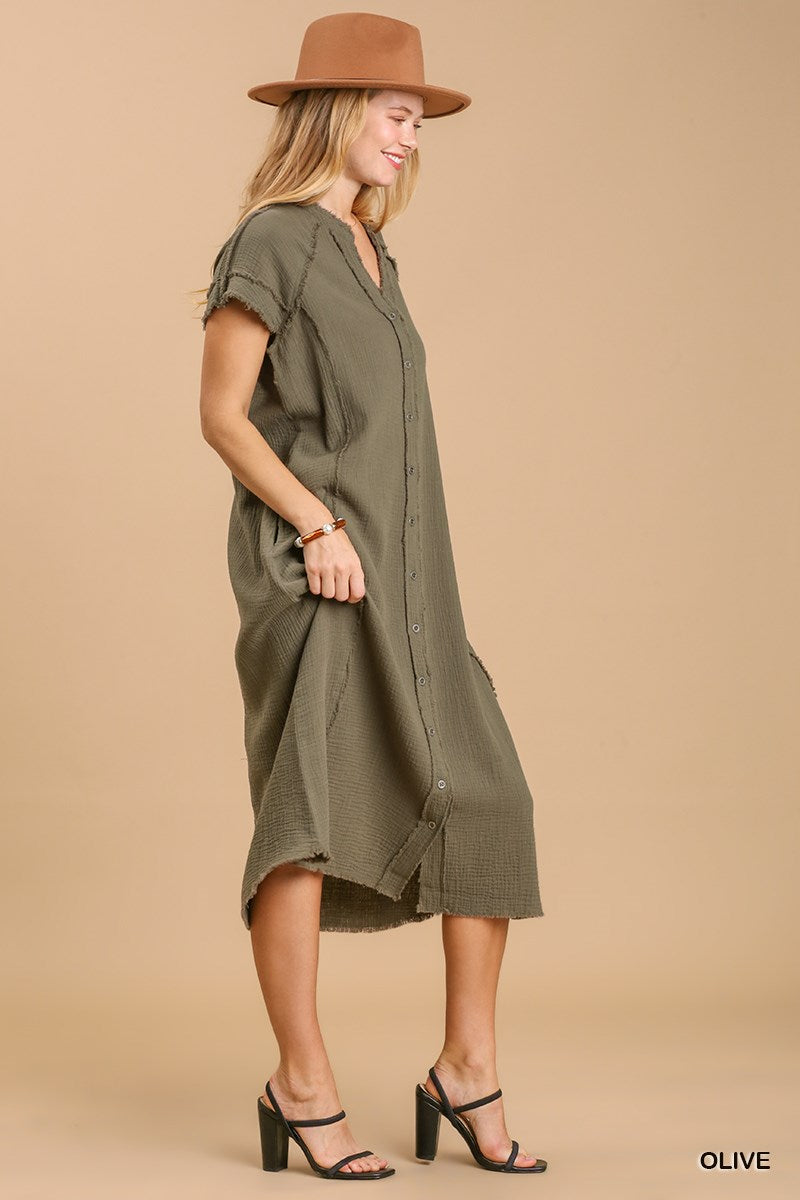 Split Neck Button Down Midi Dress
