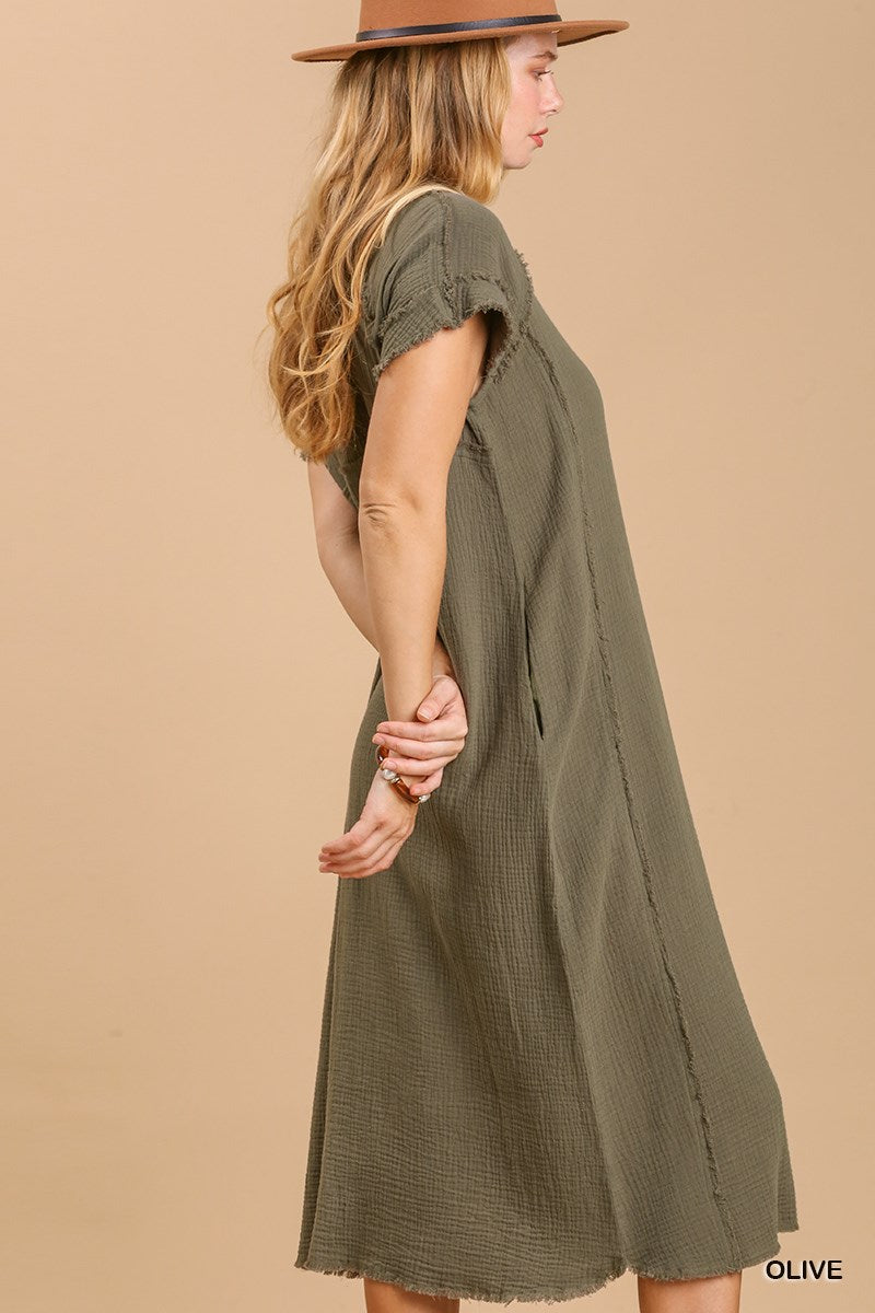 Split Neck Button Down Midi Dress