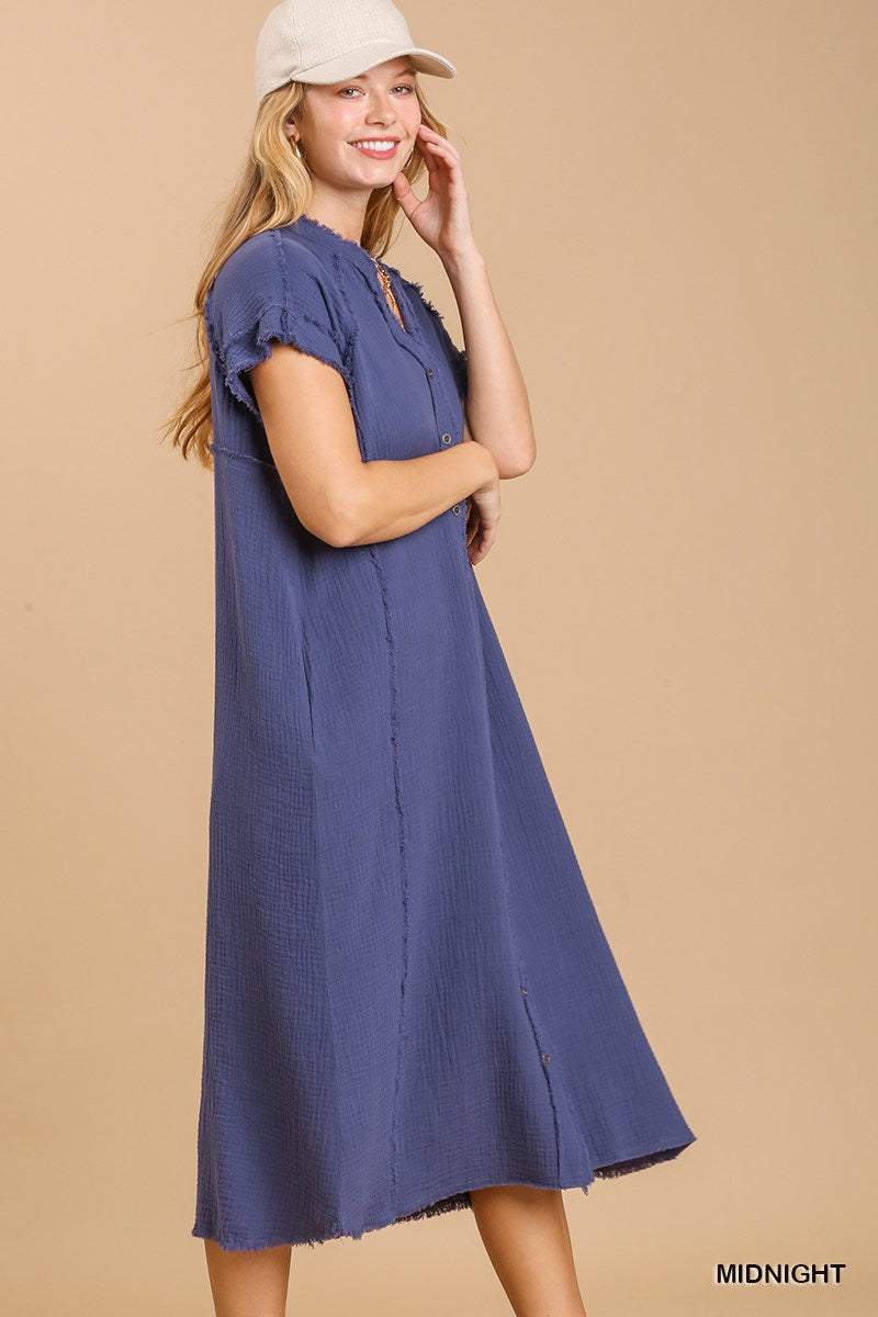 Split Neck Cutton Down Midi Dress