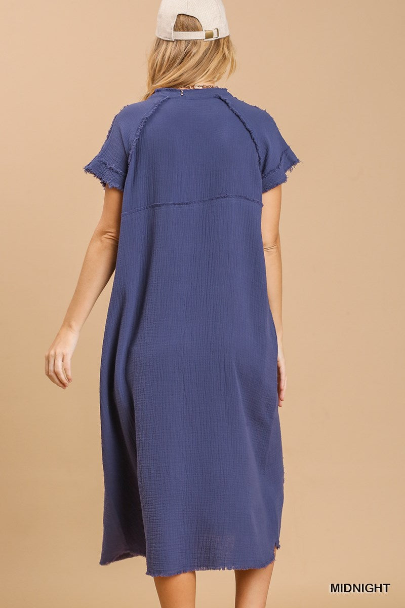Split Neck Cutton Down Midi Dress