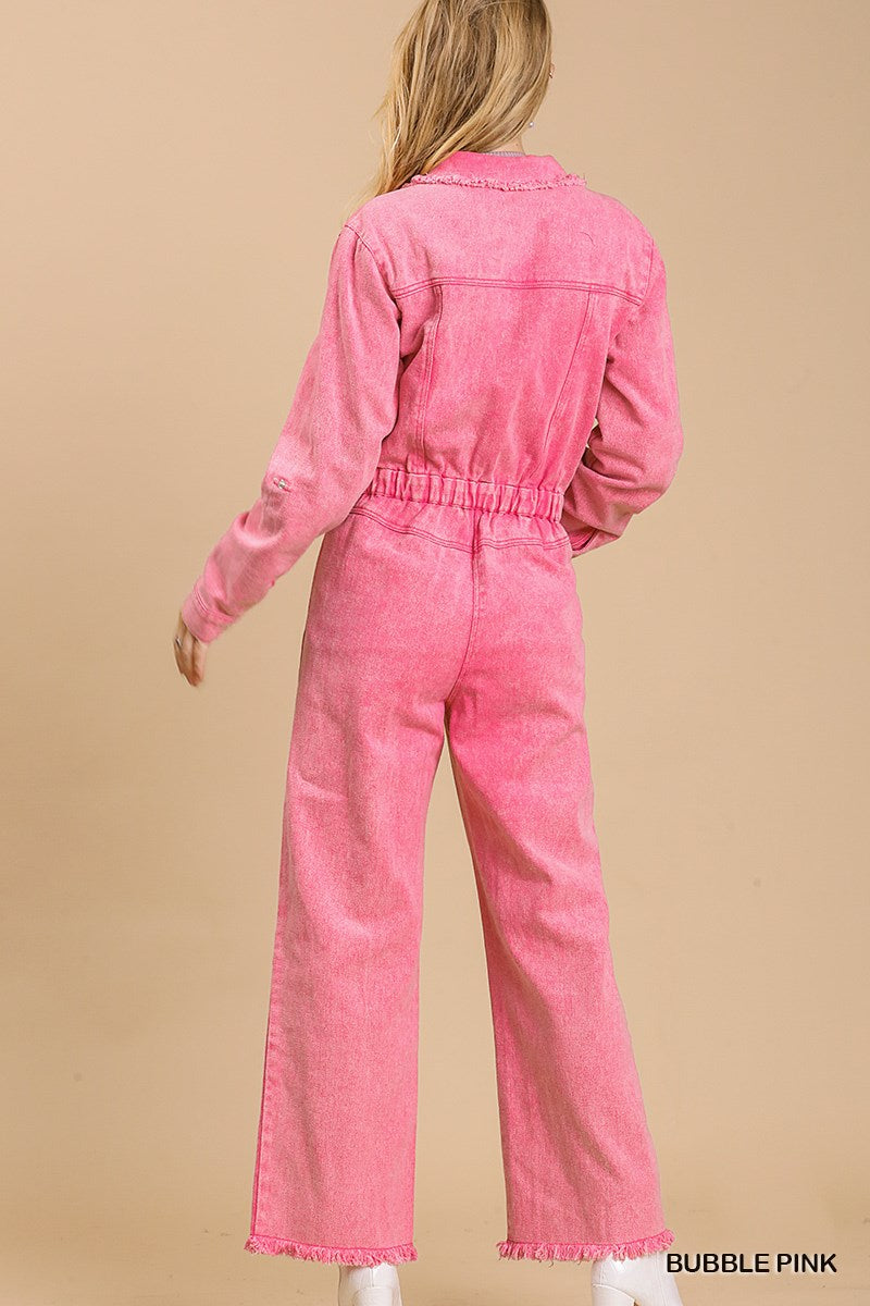 Mid Button Down Stone Wash Wide Leg Jumpsuit