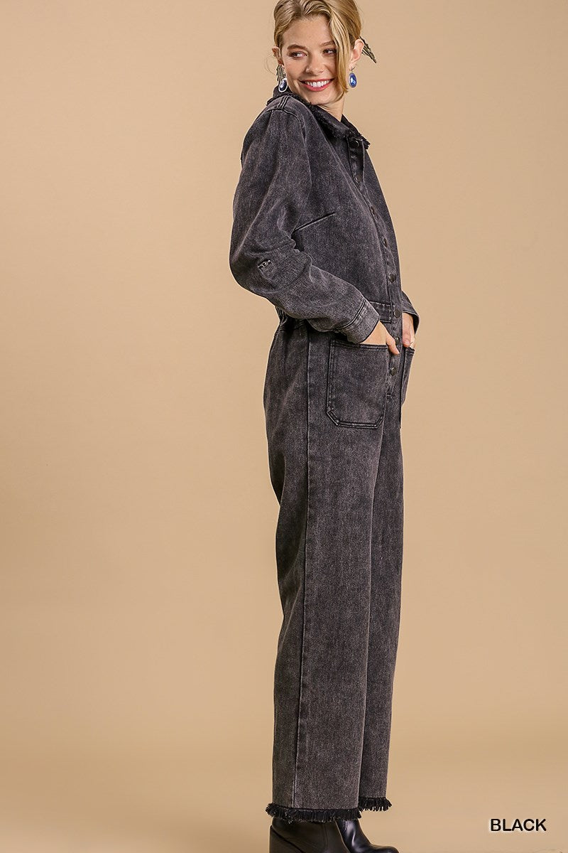 Mid Button Down Stone Wash Wide Leg Jumpsuit