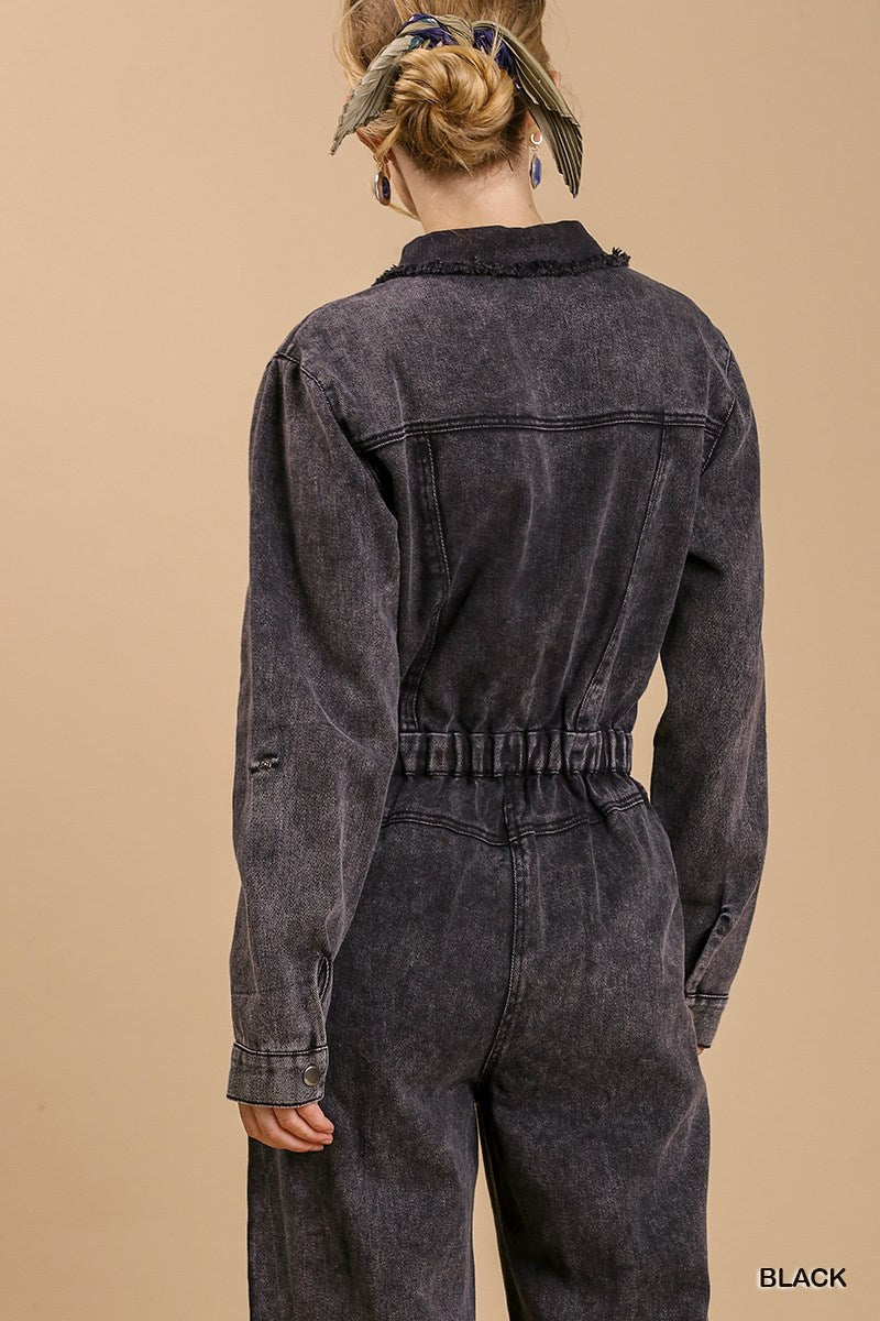 Mid Button Down Stone Wash Wide Leg Jumpsuit