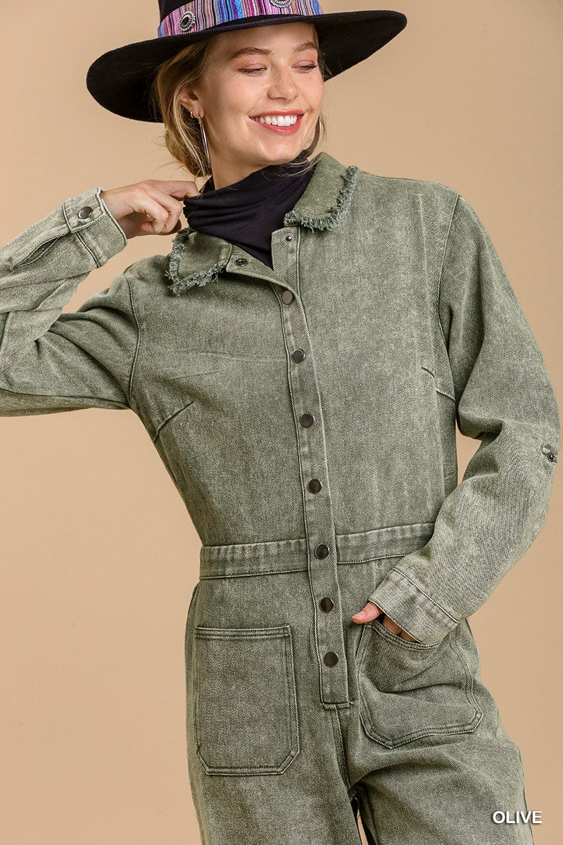 Mid Button Down Stone Wash Wide Leg Jumpsuit