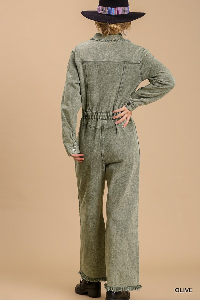 Mid Button Down Stone Wash Wide Leg Jumpsuit