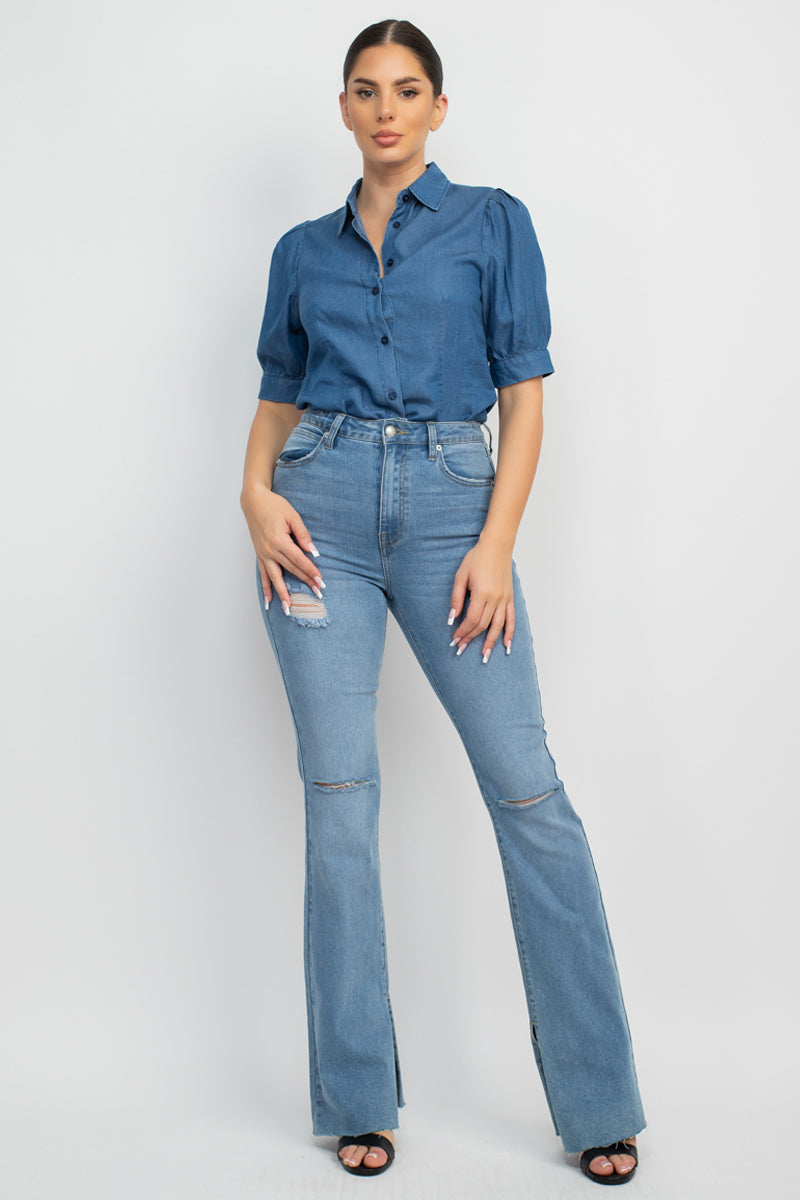 Button-Down Denim Shirt Top