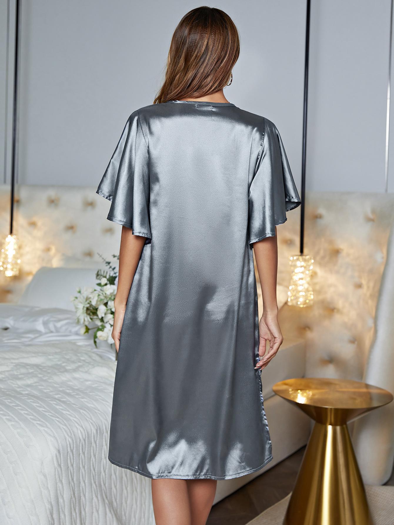 Flutter Sleeve V-Neck Side Slit Night Dress