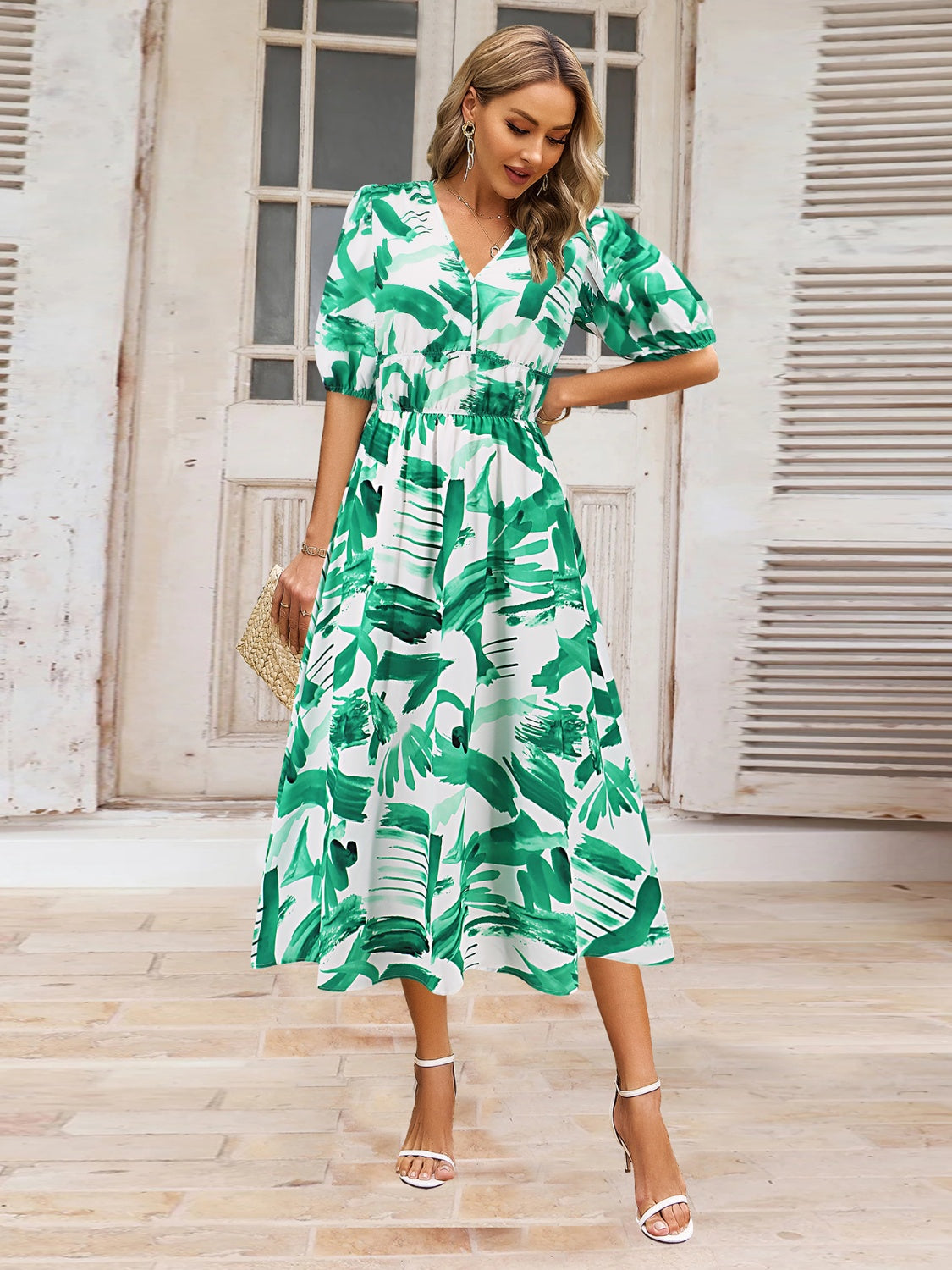 Rushed Printed Surplice Short Sleeve Dress