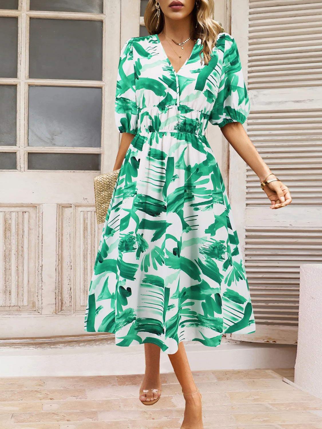 Rushed Printed Surplice Short Sleeve Dress