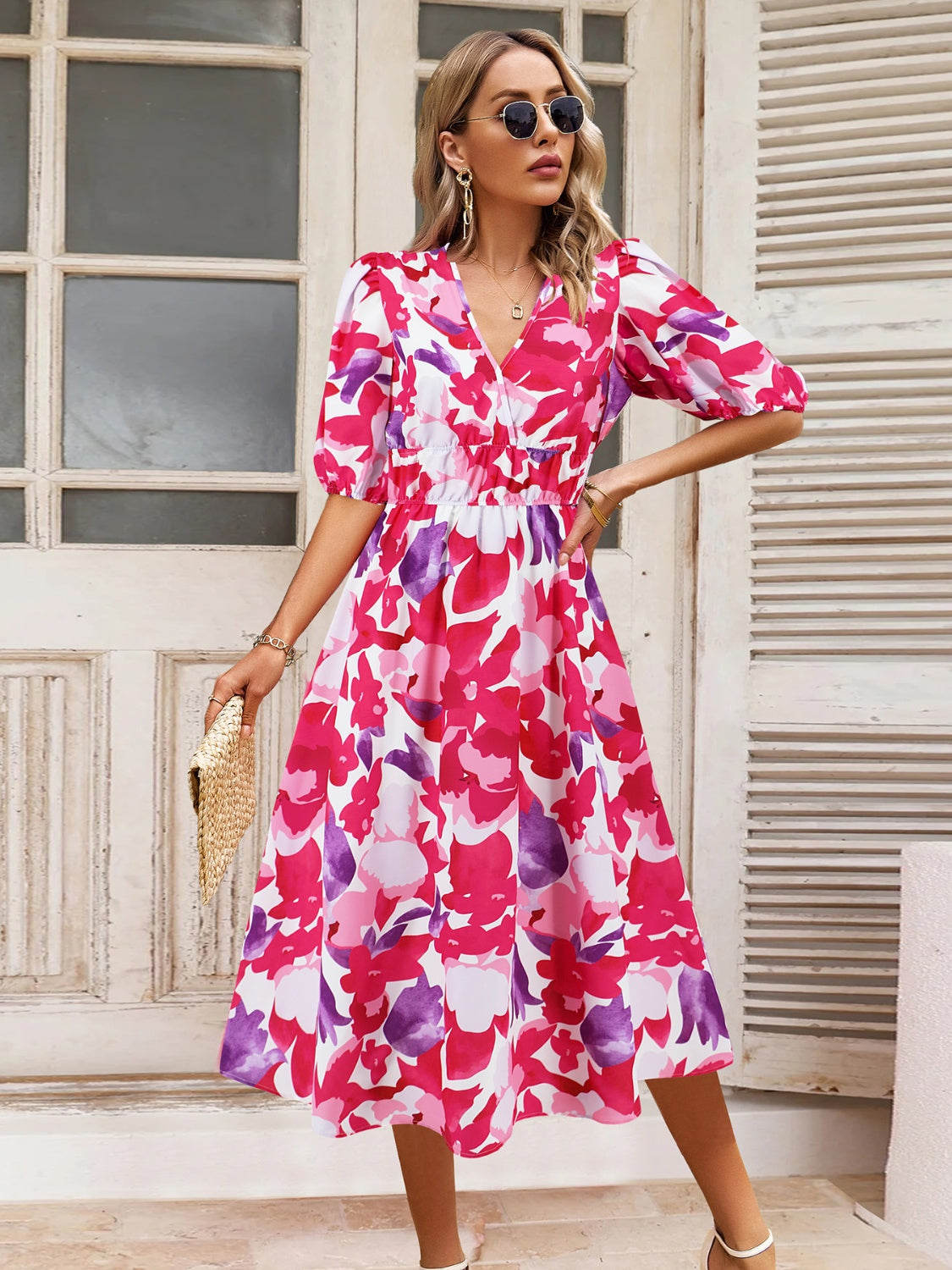 Rushed Printed Surplice Short Sleeve Dress