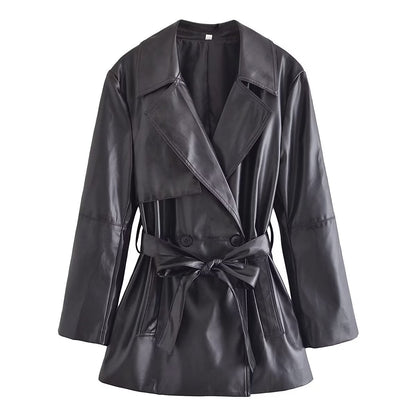 Winter Warm Series Belt Collared Loose Faux Leather Coat