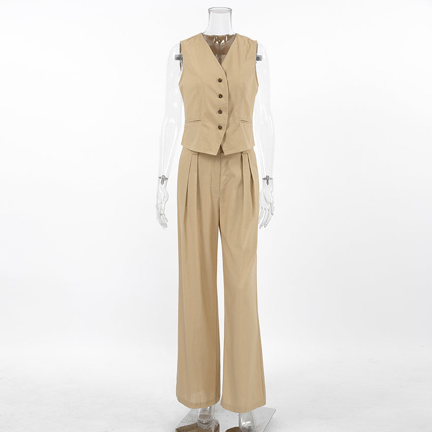 Solid Color Cotton Linen Vest and Trousers