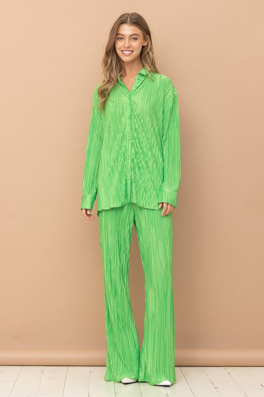 Pleated Blouse and Pants Set