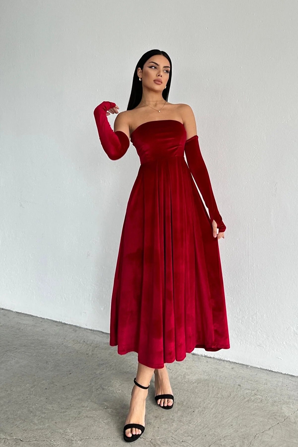 Strapless Pleated Velvet Midi Dress