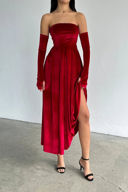 Strapless Pleated Velvet Midi Dress