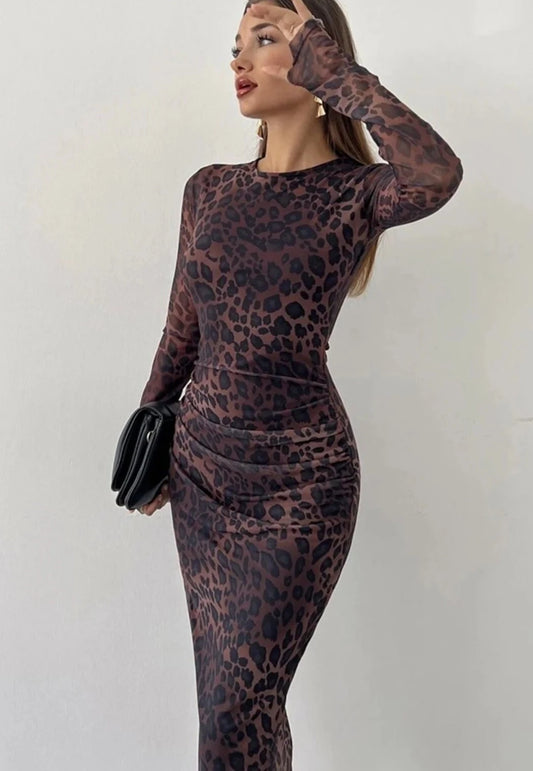 Leopard Crew Neck Fitted Silhouette Dress