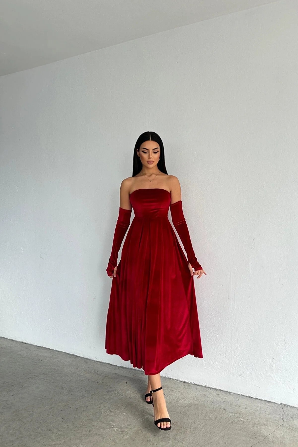 Strapless Pleated Velvet Midi Dress