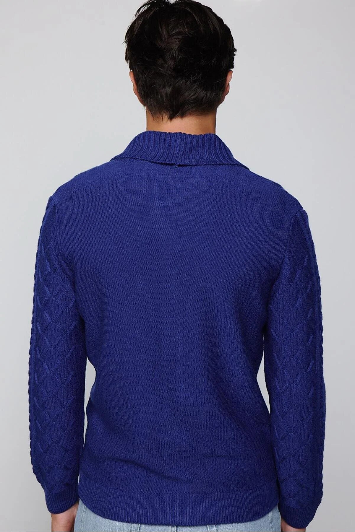 Slim Fit Patterned Soft Textured Buttoned Blue Men's Cardigan