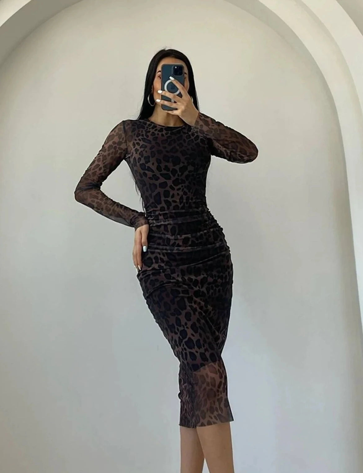 Leopard Crew Neck Fitted Silhouette Dress