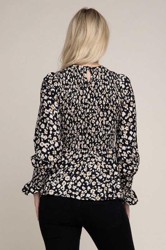 Allover Floral Shirred Peplum Blouse